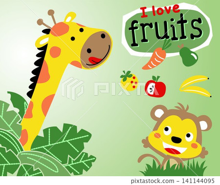 Vector cartoon of giraffe with funny monkey and fruits Vector cartoon of giraffe with funny monkey and fruits 141144095