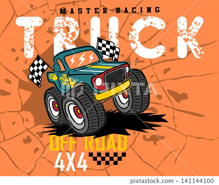 Monster truck cartoon on cracked hole background Monster truck cartoon on cracked hole background 141144100