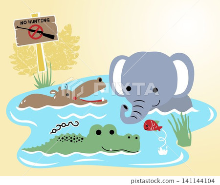 Funny animals cartoon soaking  in the swamp 141144104