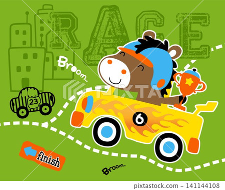 Funny horse cartoon on race car holding trophy Funny horse cartoon on race car holding trophy 141144108