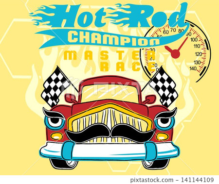 Vector illustration of vintage car cartoon with moustache on flame background 141144109