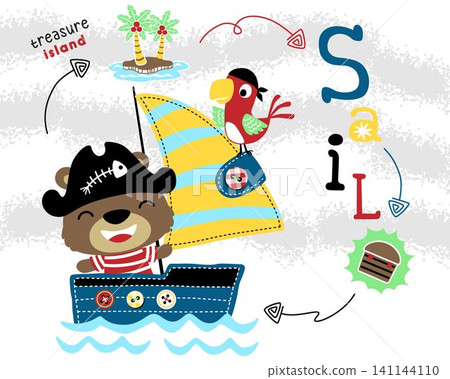 Funny bear in pirate costume on sailboat with parrot. Pirate element cartoon Funny bear in pirate costume on sailboat with parrot. Pirate element cartoon 141144110