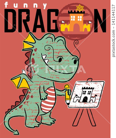 funny dragon cartoon drawing a castle in canvas funny dragon cartoon drawing a castle in canvas 141144117
