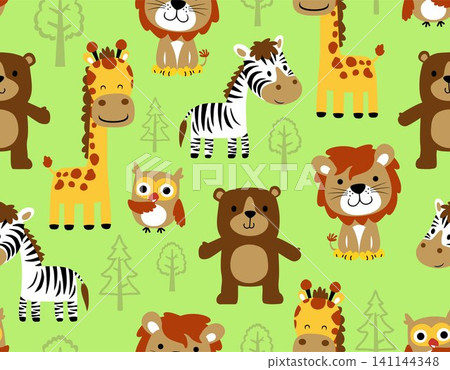 seamless pattern vector of funny animals cartoon with trees seamless pattern vector of funny animals cartoon with trees 141144348