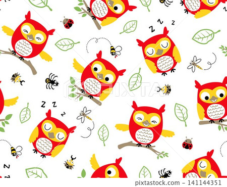 seamless pattern vector of owl cartoon with bugs and leaves seamless pattern vector of owl cartoon with bugs and leaves 141144351