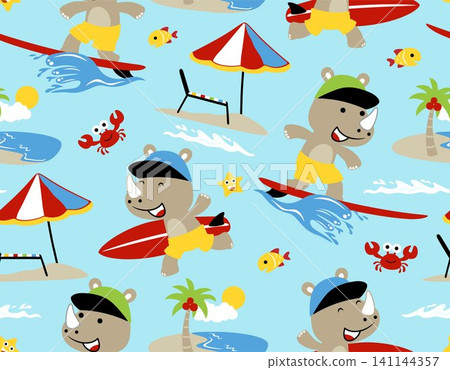 Seamless pattern vector of rhino cartoon surfing in the beach, beach element cartoon 141144357