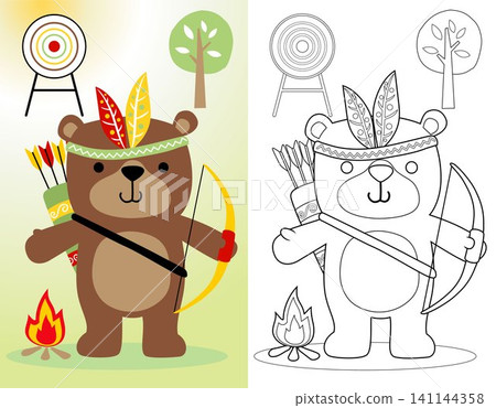 Coloring book or page of funny bear cartoon holding bow with feather headdress, Indian tribe element cartoon Coloring book or page of funny bear cartoon holding bow with feather headdress, Indian tribe element cartoon 141144358
