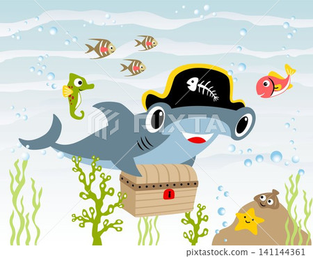 Hammerhead shark cartoon with pirate hat carrying treasure chest, marine life element illustration Hammerhead shark cartoon with pirate hat carrying treasure chest, marine life element illustration 141144361