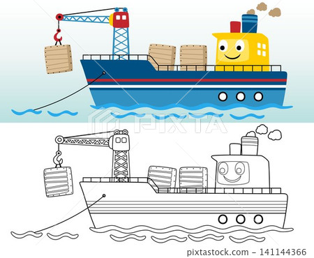 coloring book or page with funny cargo ship cartoon in the port 141144366