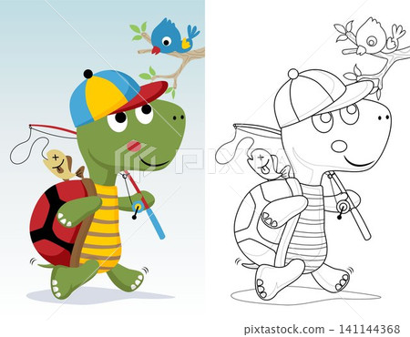 Coloring book or page of little turtle cartoon carrying fishing tackle, little bird on tree branches 141144368