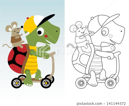 Coloring book or page of funny turtle and little mouse cartoon on scooter Coloring book or page of funny turtle and little mouse cartoon on scooter 141144372