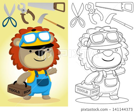 Coloring book or page of funny lion cartoon in builder costume carrying toolbox with worker tools Coloring book or page of funny lion cartoon in builder costume carrying toolbox with worker tools 141144373