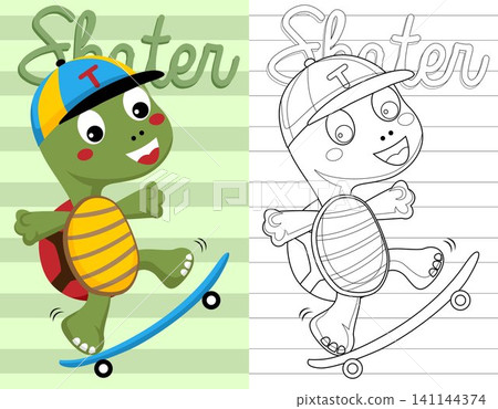 Coloring book or page of turtle cartoon playing skateboard Coloring book or page of turtle cartoon playing skateboard 141144374