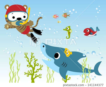 Vector cartoon of cat diving with funny marine animals 141144377
