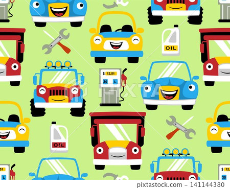 Seamless pattern vector of smiling vehicles cartoon, gas station, oil and repair keys Seamless pattern vector of smiling vehicles cartoon, gas station, oil and repair keys 141144380