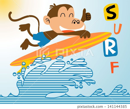 Funny monkey cartoon surfing on wave Funny monkey cartoon surfing on wave 141144385