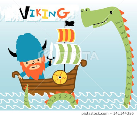 Cartoon of Viking on sailboat with sea monster Cartoon of Viking on sailboat with sea monster 141144386