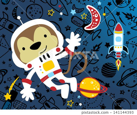 Funny monkey cartoon in astronaut costume on seamless pattern outer space element background Funny monkey cartoon in astronaut costume on seamless pattern outer space element background 141144393