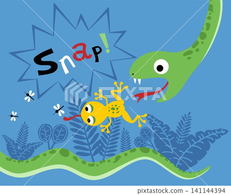 Funny vector cartoon of snake hunting frog, frog hunting mosquito on bush background Funny vector cartoon of snake hunting frog, frog hunting mosquito on bush background 141144394