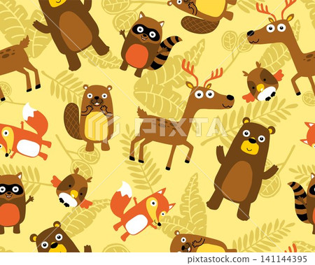 Seamless pattern vector of funny woods animals cartoon on leaves background Seamless pattern vector of funny woods animals cartoon on leaves background 141144395
