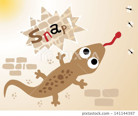 Vector cartoon of lizard in the wall hunting mosquitoes Vector cartoon of lizard in the wall hunting mosquitoes 141144397