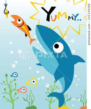 Cartoon shark hunting little fish, fish eat fishing lure. Undersea element illustration Cartoon shark hunting little fish, fish eat fishing lure. Undersea element illustration 141144398