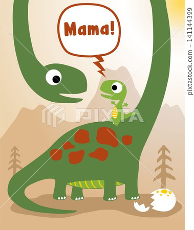 Cartoon of brontosaurus with it cub on mountain background Cartoon of brontosaurus with it cub on mountain background 141144399