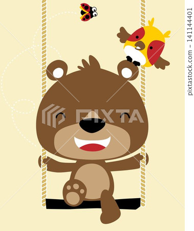 Funny little bear cartoon playing swing with owl and ladybug 141144401