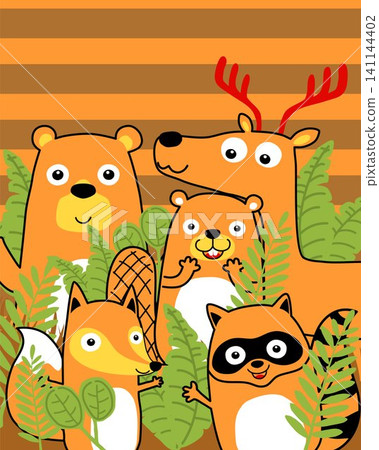 Vector cartoon of funny woods animals in hand drawn style 141144402