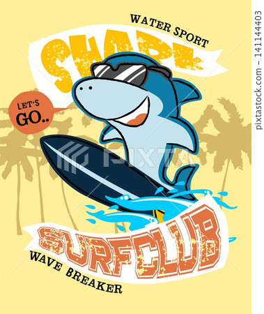 Cool shark cartoon in eyeglasses surfing on palm tree background, t shirt graphics element Cool shark cartoon in eyeglasses surfing on palm tree background, t shirt graphics element 141144403