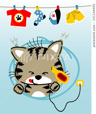 Cartoon kitten dried its fur with hair dryer, with it clothes hang on clothesline Cartoon kitten dried its fur with hair dryer, with it clothes hang on clothesline 141144405