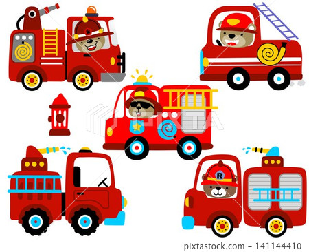 vector set of firetruck cartoon with funny bear the driver 141144410