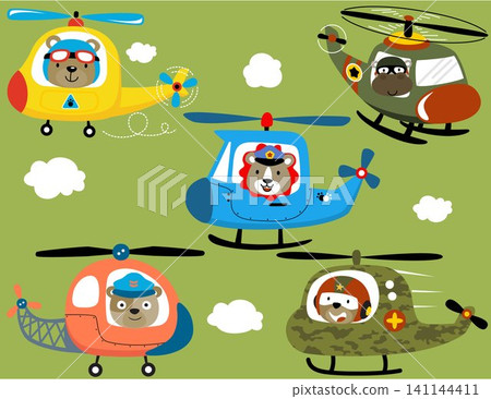 Vector set of helicopter cartoon with animals pilot Vector set of helicopter cartoon with animals pilot 141144411