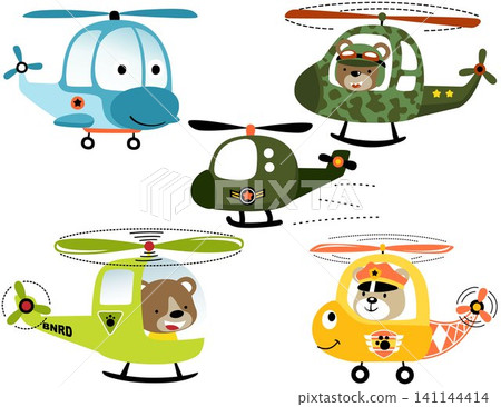 vector set of smiling helicopters cartoon with bear pilot vector set of smiling helicopters cartoon with bear pilot 141144414