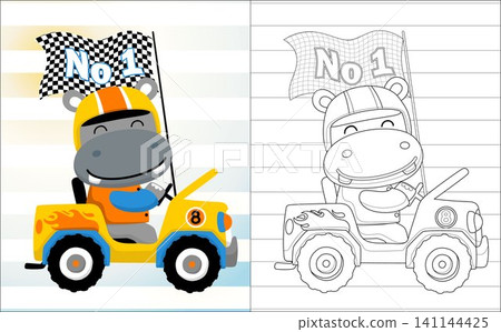 Funny hippo cartoon on race car carrying finish flag, coloring book or page Funny hippo cartoon on race car carrying finish flag, coloring book or page 141144425
