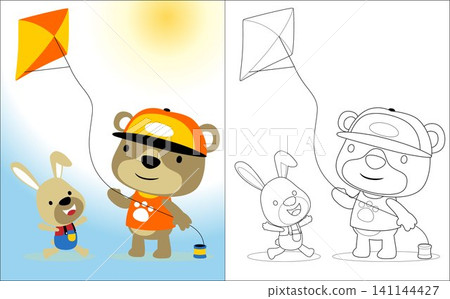 Vector cartoon of cute bear and bunny playing kite , coloring book or page 141144427