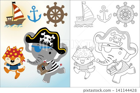 Vector cartoon of funny elephant with fox in pirate costume, pirate element illustration, coloring book or page Vector cartoon of funny elephant with fox in pirate costume, pirate element illustration, coloring book or page 141144428