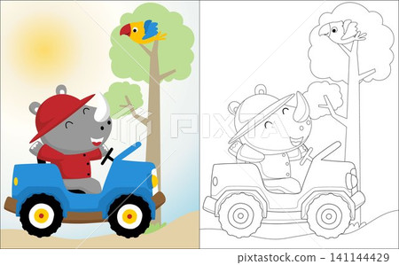 Rhino cartoon on car with a little bird on the tree, coloring book or page Rhino cartoon on car with a little bird on the tree, coloring book or page 141144429