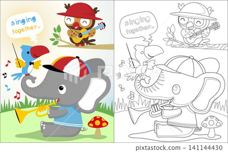 Cute animals cartoon playing music in jungle, elephant on trumpet, owl on guitar, parrot as composer. Coloring book or page Cute animals cartoon playing music in jungle, elephant on trumpet, owl on guitar, parrot as composer. Coloring book or page 141144430