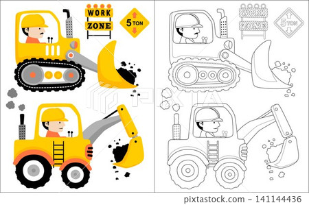 Vector cartoon of worker on construction vehicles, construction signs, coloring book or page Vector cartoon of worker on construction vehicles, construction signs, coloring book or page 141144436