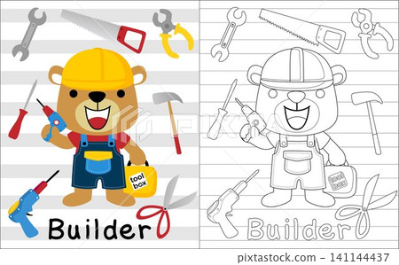 A funny bear cartoon in builder costume with it tools, coloring book or page A funny bear cartoon in builder costume with it tools, coloring book or page 141144437