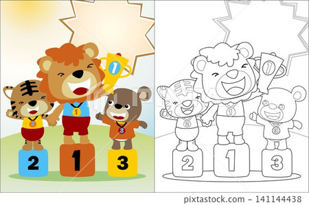 Funny animals cartoon on winner podium competition, coloring book or page Funny animals cartoon on winner podium competition, coloring book or page 141144438