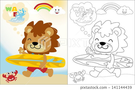 Vector cartoon of funny lion carrying surfboard, summer beach element illustration, coloring book or page Vector cartoon of funny lion carrying surfboard, summer beach element illustration, coloring book or page 141144439