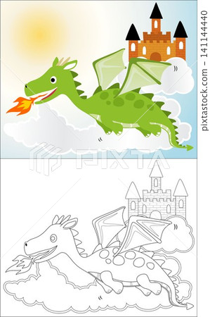 Funny dragon cartoon breathing fire with a castle in sky, coloring book or page Funny dragon cartoon breathing fire with a castle in sky, coloring book or page 141144440
