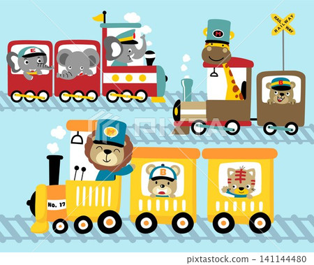 Vector set of steam train cartoon with funny animals 141144480