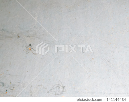 Abstract background of a weathered and distressed wall with peeling paint and plaster in faded light blue and beige tones, showcasing aged texture and grunge details. 141144484
