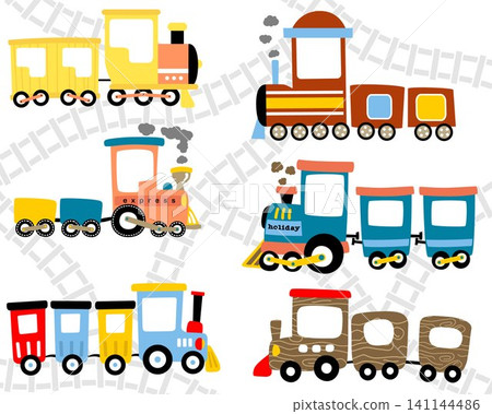 Vector set of steam train cartoon on railroad background Vector set of steam train cartoon on railroad background 141144486
