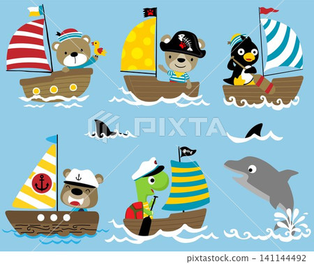 Vector set of funny animals sailor cartoon on sailboat with a dolphin and shark fin in ocean Vector set of funny animals sailor cartoon on sailboat with a dolphin and shark fin in ocean 141144492