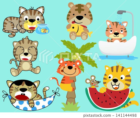 Vector set of funny cat cartoon in different activities Vector set of funny cat cartoon in different activities 141144498