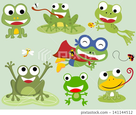 Vector set of funny frogs cartoon in different activity with bugs and fish 141144512